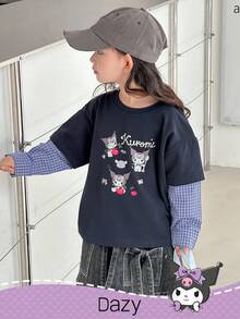 DAZY HELLO KITTY AND FRIENDS | SHEIN 小女孩圆领针织卡通印花格子拼布长袖T恤，秋季 - 藍色 - 查看 4