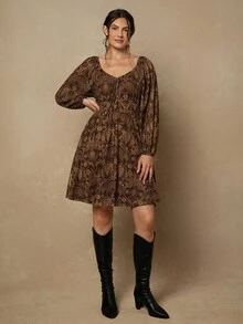 Freevana 大码女式春秋休闲度假风满版印花甜心领灯笼袖前系带束腰连衣裙 - 咖啡棕 - 查看 4