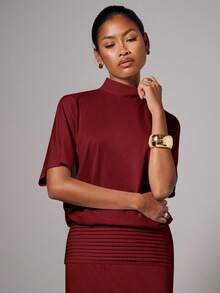 COSMINA Đầm cổ đứng màu trơn thanh lịch dành cho nữ khi đi làm - Màu Đỏ Sâu - Xem 4