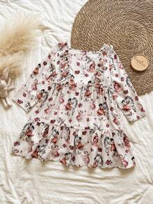 Vintaside Kids Young Girls' Floral Print Ruffle Hem Long Sleeve Dress, Suitable For Casual, School, Park, Outdoor Photography, Vacation Fall Winter - Multicolor - View 2