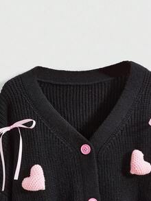 ROMWE Kawaii Plus Size Autumn/Winter Cute Heart Shaped Ribbon Decor Knitted Cardigan - Black - View 5