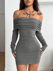Coolane 女士秋冬街头风 Y2K 日常休闲罗纹针织弹力紧身露肩迷你连衣裙 - 灰色 - 查看 4