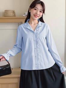 SHEIN Teen Girls Ruffled Collar Lantern Sleeve Casual Versatile Blue Shirt, Elegant Palace Style Blue Shirt Fall Winter - Blue and White - View 3