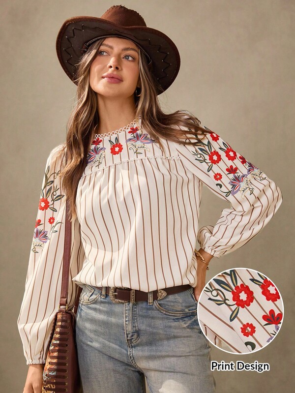 Wildy Nueva blusa de trabajo de cuello redondo de manga larga con bordado floral y estampado a rayas de estilo campestre americano casual, blusa vaquera del oeste