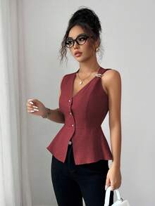 Elenzga 新款时尚金属扣设计 V 领无袖上衣，收腰，百搭，适合女性，夏季