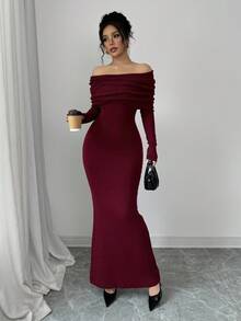 Selianne Váy len dài trễ vai ôm sát viền đuôi cá thời trang, thoải mái với chất liệu len, phù hợp cho mùa xuân, thu và đông - Màu Đỏ Sâu - Xem 6