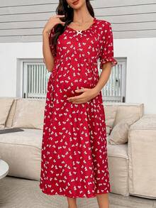 SHEIN Moonlight & Mama 蝴蝶结印花褶皱V领泡泡袖孕妇睡裙，圣诞节 - 紅色 - 查看 4