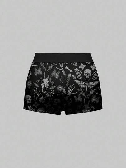 Goth Plus Size Women Gothic Palace Dark Skull Moth Plant Butterfly Mushroom Leaf Allover Print Elastic Waist Shorts