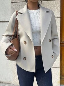 Sunnyshic Apricot Double-Sided Notched Collar, Double-Breasted Button, Pocket Long Sleeve Short Coat, Fashionable For Commuting, Office, Casual, Elegant Retro Style, Suitable For Autumn/Winter