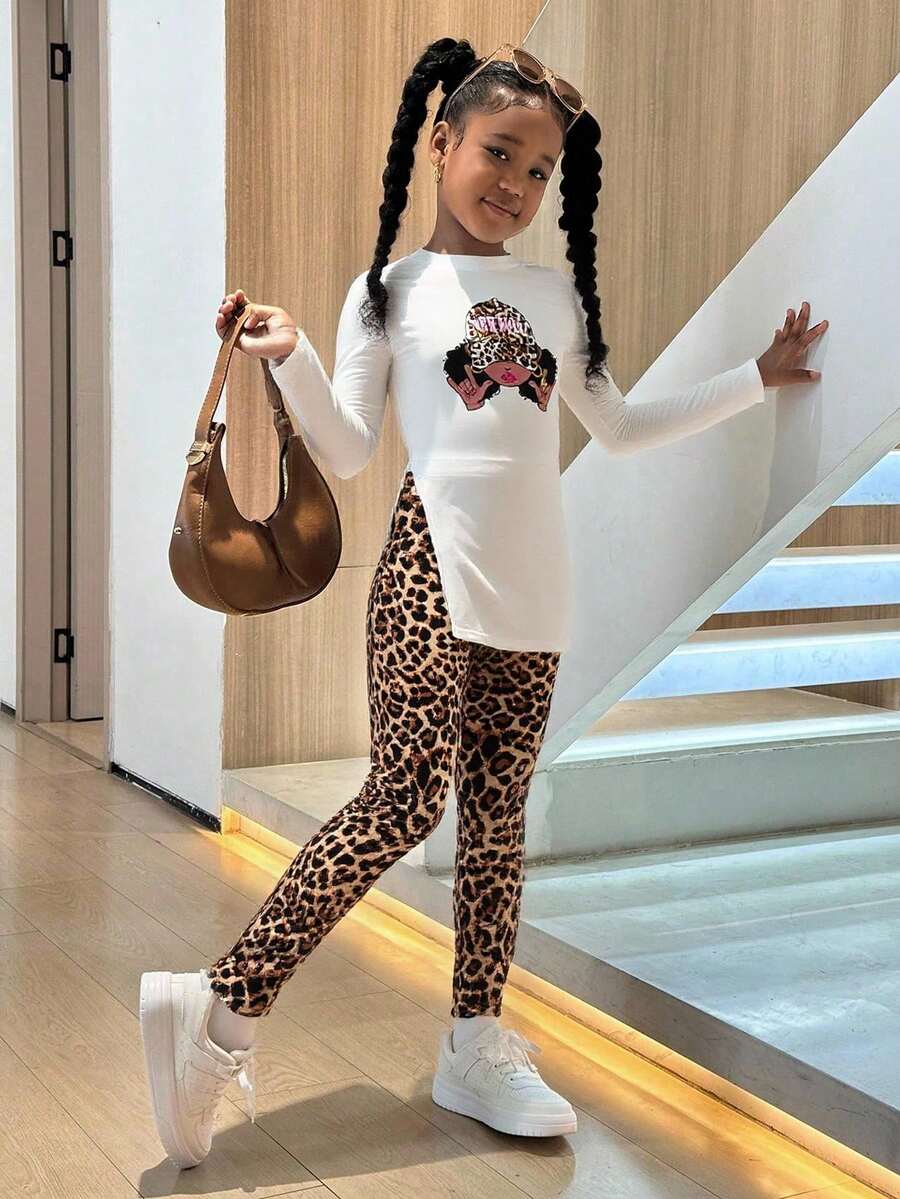 SHEIN 少女休闲针织豹纹印花长袖露脐上衣和豹纹打底裤套装,少女豹纹套装,女童豹纹服装,女童两件套裤装,青少年女童豹纹打底裤,女童猎豹套装,青少年两件套裤装,女童时尚秋冬服装 - 白色 - 查看 1
