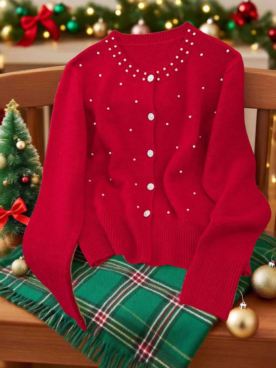 Franclia Elegant Loose Fit Round Neck Long Sleeve Knitted Pearl Beaded Design Pearl Button Front Cardigan For Women, Autumn/Winter Christmas