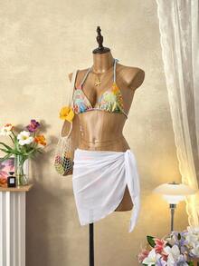 SHEIN Swim Conjunto de Maiô Bikini Casual de Praia de 2 Peças Estampado Retrô Azul Estilo Boho Chic, Multicolorido para Férias e Festas - Multicolorido - Visão 6