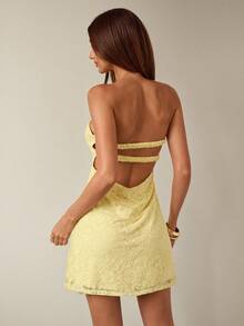 SHEIN BAE Women's Simple Solid Color Lace Camisole Dress, Party Cocktail Dress, Formal Occasion Party Dress, Wedding Bridesmaid Dress For Women, Birthday Dress,Autumn Women's Clothing,Yellow Lace Tube Top Dress,Autumn Dress,Open Back Details,Sexy Tube Top Yellow Lace Dress