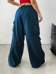 SHEIN Tall Quần túi hộp rộng rãi màu trơn cỡ lớn - Màu xanh hải quân - Xem 2