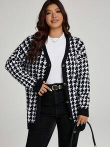 Comfylo Plus Size Casual Houndstooth Pattern Cardigan, Suitable For Work And Leisure, Autumn/Winter Button Up Cardigan Black And White Cardigan, Fall Winter Going Out