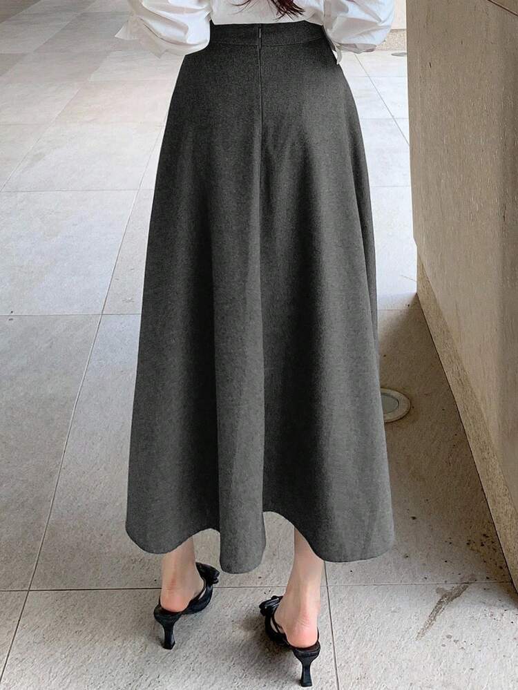 Women's Solid Color High Waist Elegant Office Lady Fashion Midi Skirt Fall