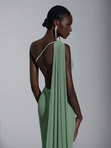 Elitara 优雅长款露背网纱绿色单肩连衣裙，适合度假、舞会、派对、约会、婚礼等场合，也可作为伴娘礼服、情人节礼服。 - 綠色 - 查看 6