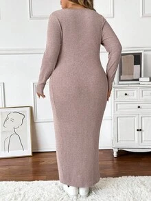 SHEIN Autumn And Winter  Maternity Plus Size Solid Color Square Neck Long Sleeve Ribbed Fitted Casual Dress Long Sleeve Maternity Dress Pregnant Dress Curve Maternity Clothes