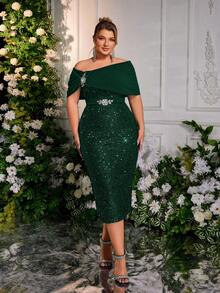 Glamrae Plus Size Elegant Black Asymmetric Collar, Handcrafted Rhinestone Embellished, Bodycon, Mid-Length Cocktail Dress - Dark Green - View 5