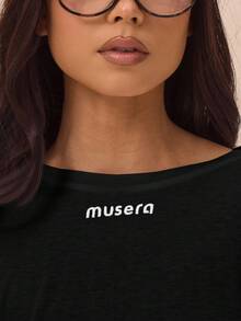 MUSERA Vestido mini de manga larga con cuello redondo ligero, con bordado de eslogan. Atuendos de primavera y verano para la Librería, Ibiza, playa, festival, concierto, fiesta, cita nocturna, fiesta de cumpleaños, elegante - Negro - Ver 2