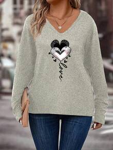 EMERY ROSE New Plus Size Women's Fashion Heart Print V-Neck Long Sleeve T-Shirt - Apricot - View 5