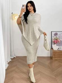 Firerie 2pcs/Set Plus Size Women Beige Poncho Style Sweater & V-Neck Straight Knit Dress, Elegant Everyday Batwing Sleeve Modest Oversized Cape Fall/Winter - Khaki - View 7