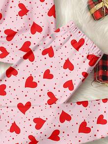 Heart Print, Pink & Red, Young Girl Casual Cartoon Pattern Short Sleeve T-Shirt And Legging 2 Pieces Loungewear Set - Multicolor - View 3