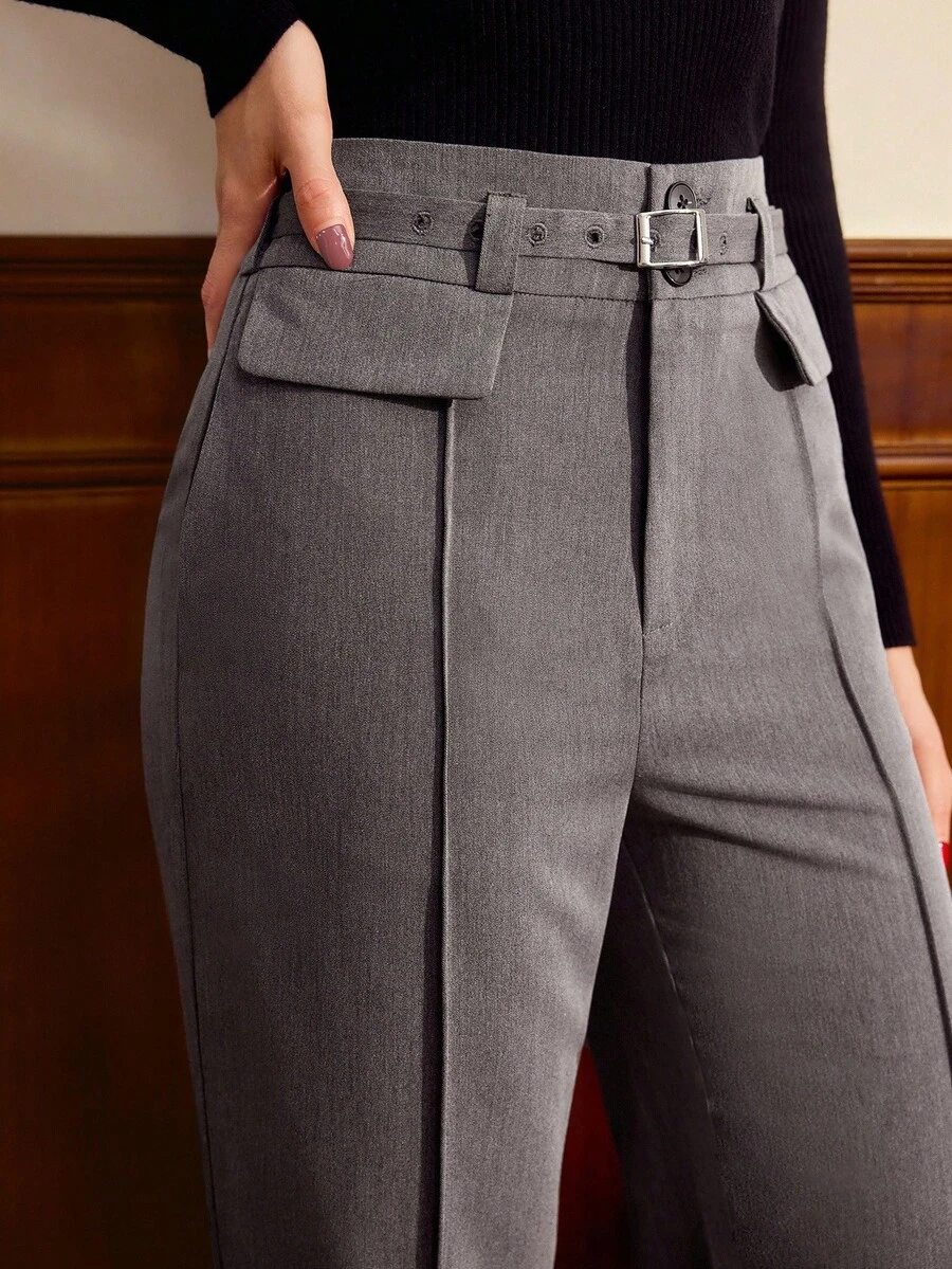 Vintamour Vintage elegante graue Damenhose mit Taschen und Gürtel, lässige Anzughose für Arbeit und Büro, Herbst, Winter, Weihnachtsferien, elegante Herbsthose - Grau - Übersicht 1