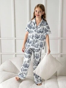 SHEIN 女童印花领短袖睡衣套装 - 寶藍色 - 查看 5