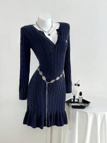 SHEIN Unity Women's Navy Blue Elegant Everyday Ribbed Knit Sweater Dress,Vintage Round Neck Button Front Long Sleeve Embroidered Bodycon Ruffle Hem Autumn Cloth - Royal Blue - View 1