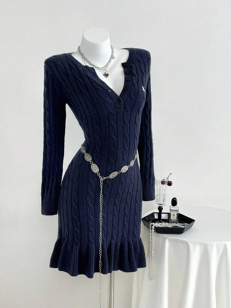 SHEIN Unity Women's Navy Blue Elegant Everyday Ribbed Knit Sweater Dress,Vintage Round Neck Button Front Long Sleeve Embroidered Bodycon Ruffle Hem Autumn Cloth - Royal Blue - View 1