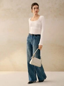 INAWLY Blusa de punto ajustada con espalda calada y lazo de mujer de unicolor - Blanco - Ver 5