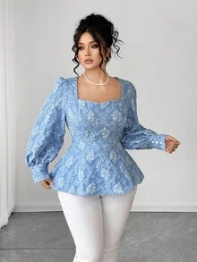 SHEIN Elenzya 大码女式泡泡袖优雅衬衫，适合外出和聚会 - 藍色 - 查看 5