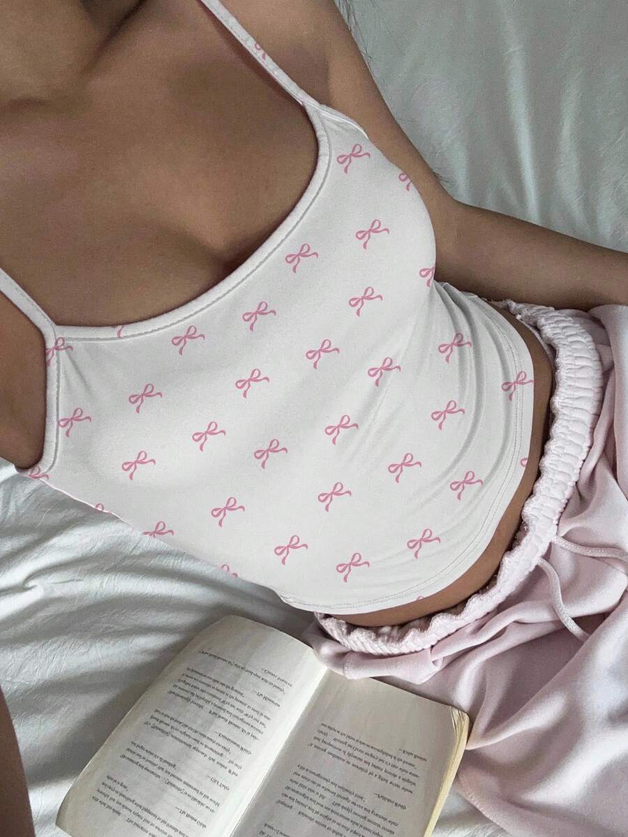 SHEIN EZwear Cute Pink Bowknot Design Sleeveless Tight-Fitting Camisole Tank Top For Ladies Suitable For Going Out - White - View 1