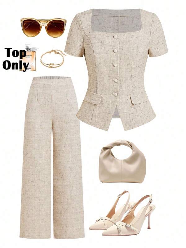 Ellevyn Blusa elegante de cuello cuadrado de manga corta y abotonadura sencilla, adecuada para el trabajo, estilo de dinero antiguo para mujeres, casual de negocios, maestras, de lino 2025 nuevo