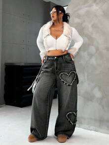 SHEIN PETITE CURVE 大码女式心形磨边复古蓝色宽松牛仔裤 - 黑色 - 查看 5