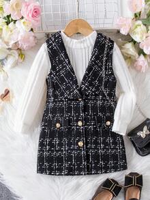 SHEIN Babygirl 优雅针织黑色格子连衣裙和汗衫套装 - 黑與白 - 查看 3
