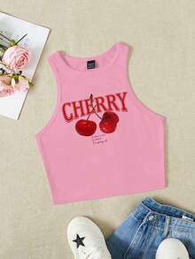 SHEIN EZwear Pink Cherry Pattern Cropped Casual Minimalist Round Neck Fitted Tank Top, Suitable For Summer