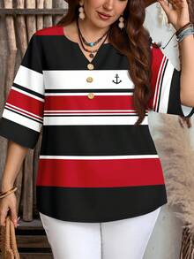 EMERY ROSE Plus Size Casual Striped Colorblock Black, White, Red Shirt, Suitable For Summer - Multicolor - View 6