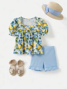 Joliand Joliand Tween-Mädchen 2-teiliges Set mit elegantem urbanem tropischem Blumendruck, Oberteil mit Puffärmeln und blauen Shorts mit Rüschensaum, geeignet für Ausflüge, Partys, Strand und Sommer - Verschiedenfarbig - Übersicht 1