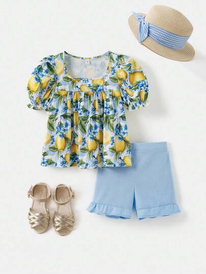 Joliand Joliand 2pcs/Set Tween Girls Elegant Urban Tropical Floral Print Puff Sleeve Top And Ruffle Hem Blue Shorts Set, Suitable For Outing, Party, Beach, Summer