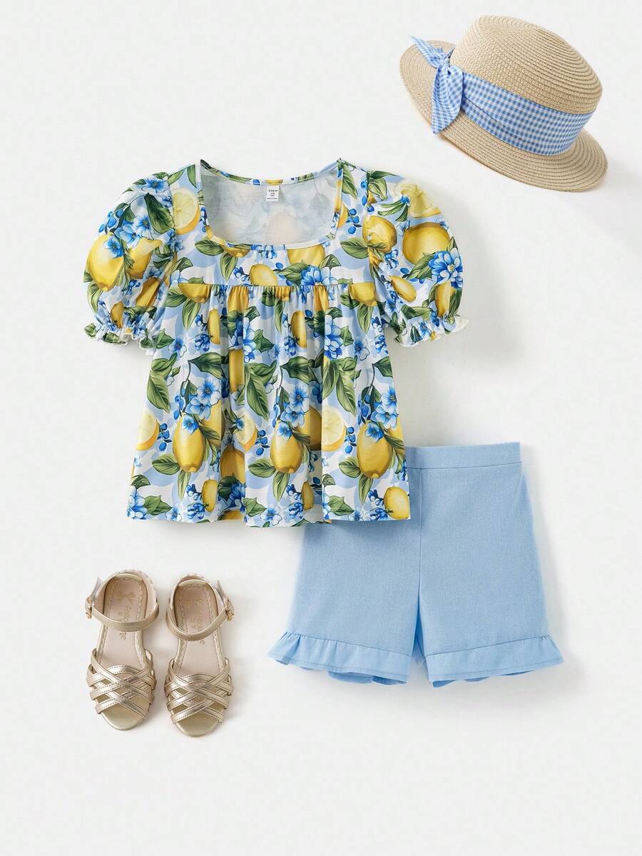 Joliand Joliand Tween-Mädchen 2-teiliges Set mit elegantem urbanem tropischem Blumendruck, Oberteil mit Puffärmeln und blauen Shorts mit Rüschensaum, geeignet für Ausflüge, Partys, Strand und Sommer - Verschiedenfarbig - Übersicht 1