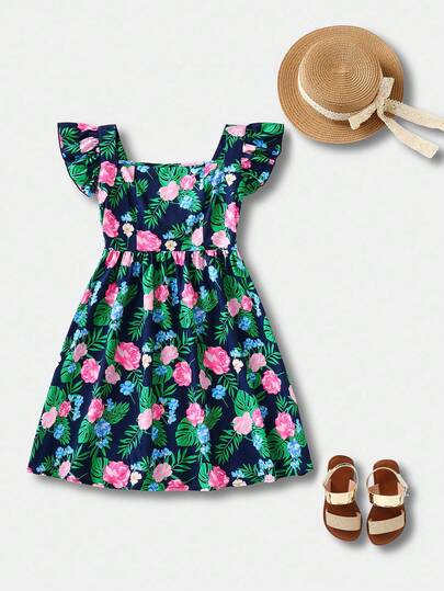 Joliand Joliand 1 件青少年女孩优雅都市可爱热带花卉图案蝴蝶结装饰休闲连衣裙，适合日常、郊游、居家、海滩、夏季