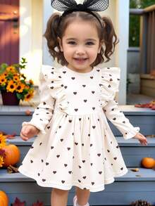 LMoss Kids LMoss Baby Girl Woven Heart Pattern Ruffle Hem Round Neck Casual Dress Baby Girl Long Sleeve Dress Baby Girl Dress Heart Print Dress Baby Heart Dress Baby Cream Dress Fall Winter - Apricot - View 7
