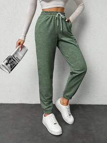 EURMUSE Women's Solid Color Drawstring Waist Pockets Jogger Pants - Mint Green - View 4