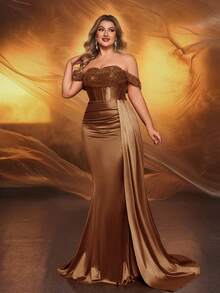 Glamrae 加大码优雅奢华酒红色露肩袖亮片拼接弹力缎面褶皱侧开衩鱼尾连衣裙，适合婚礼、派对、节日、庆典、晚会 - 棕色 - 查看 4