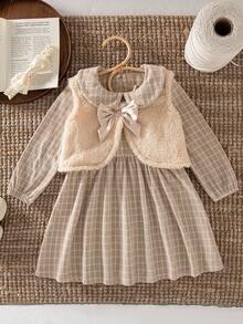 SHEIN 2 件套年轻女孩秋冬装，精致优雅风格加厚背心和格子连衣裙 - 杏色 - 查看 3