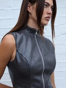 COUREZ Faux Leather Zip Up Vest /Y2K  Women Clothes  Clothes Cute Tops Going Out Top Spring Jacket Elegant - Black - View 7