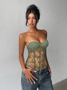 Aloruh Women's Fashionable Lace Sheer Sexy Bandeau Bodysuit - Army Green - View 5