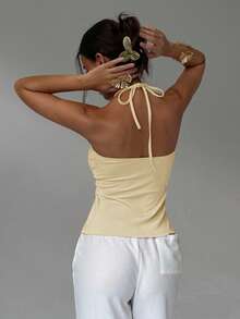 Aloruh 女士纯色休闲不对称下摆系带露背上衣 - 米色 - 查看 2